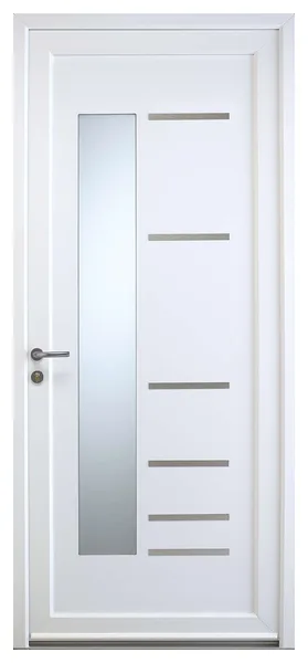 Porte d’entrée PVC Mooréa blanche, contemporaine, vitrage vertical et inserts inox