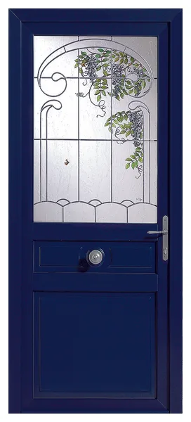 Porte d’entrée PVC Boréale Hill, bleu nuit, vitrail décoratif en partie haute