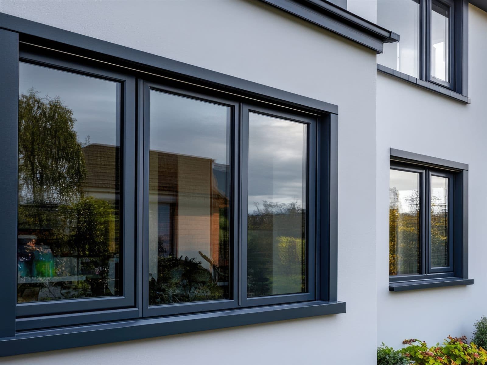 Porte-fenêtre aluminium Éklair blanche à petits-bois, vue intérieure sur le jardin