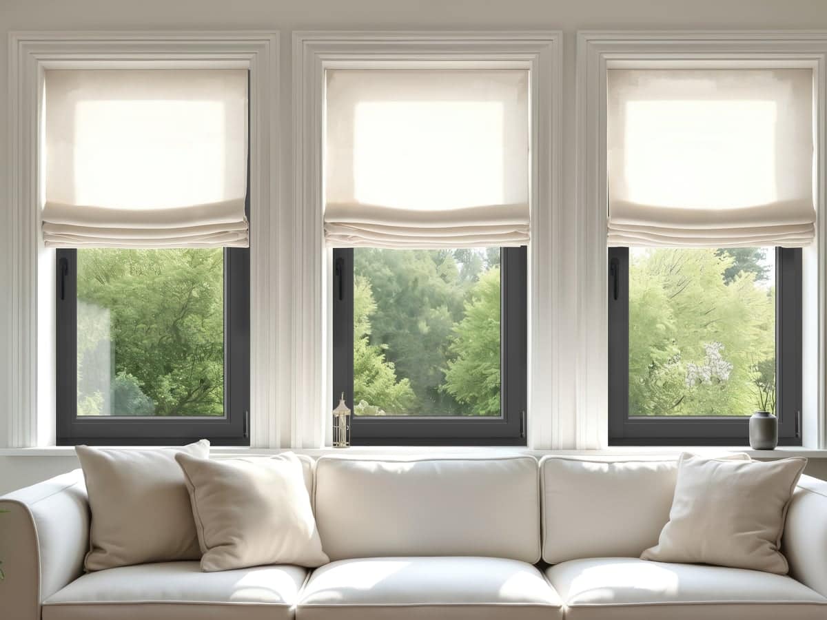 Fenêtres PVC LuniK à cadres noirs dans un salon lumineux, stores blancs