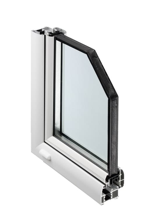 Coupe d'angle d'une fenêtre aluminium Éklair : profilé, double vitrage et noyau à rupture de pont thermique