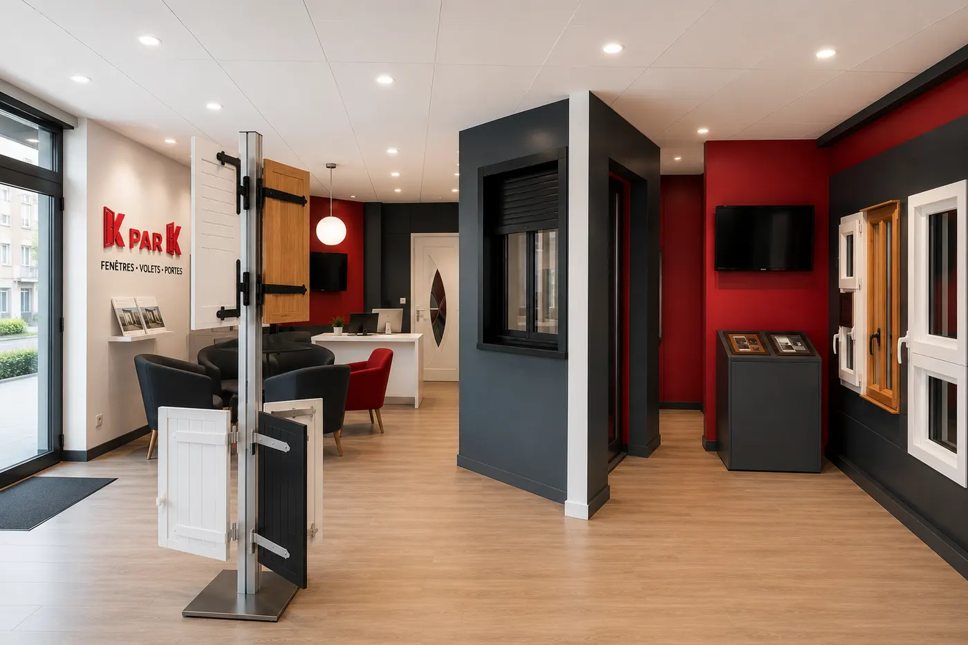 Showroom d'un magasin KparK : fenêtres, portes et volets exposés