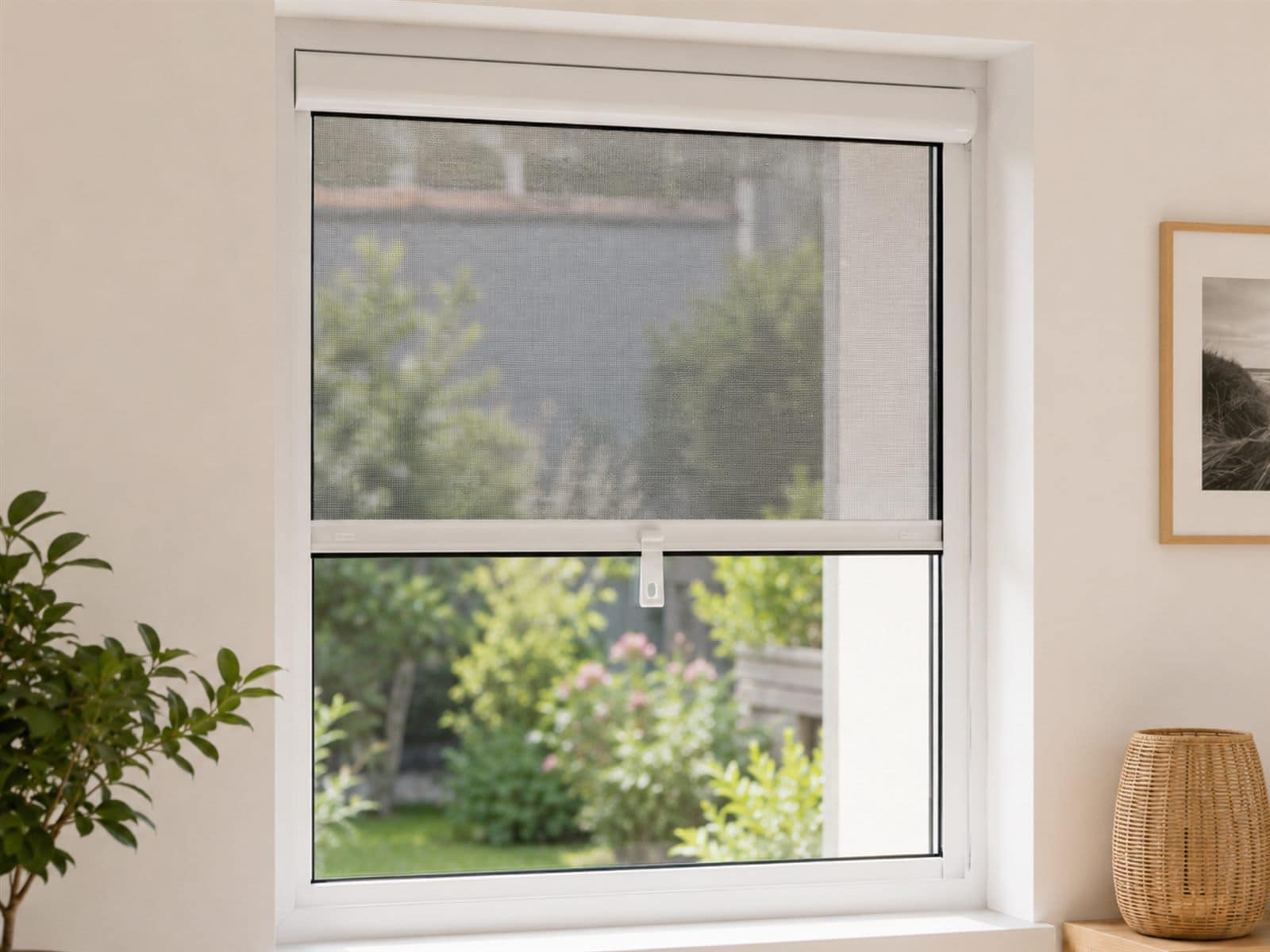 Moustiquaire sur mesure installée sur une fenêtre ouverte d'une maison
