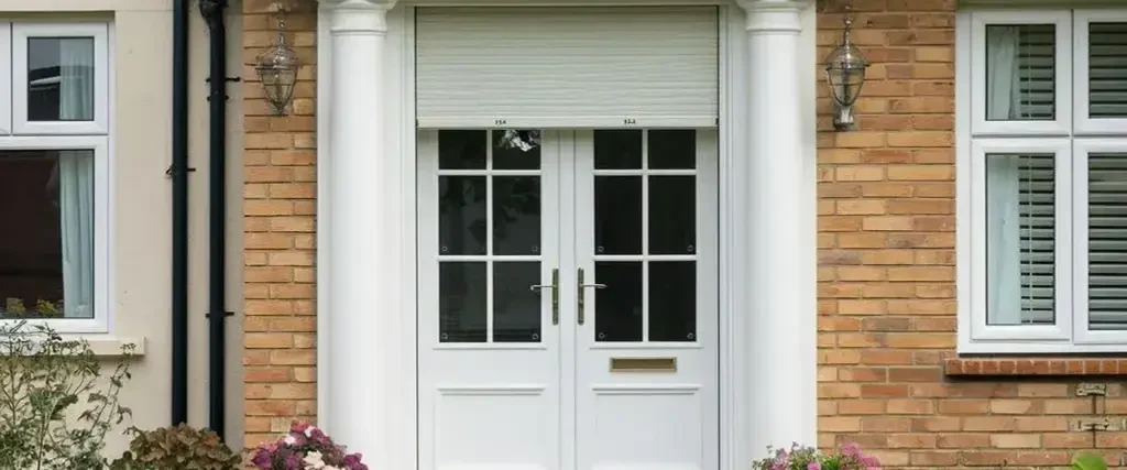 Volet roulant blanc en coffre posé au-dessus d'une porte d'entrée vitrée à deux vantaux sur une maison en briques
