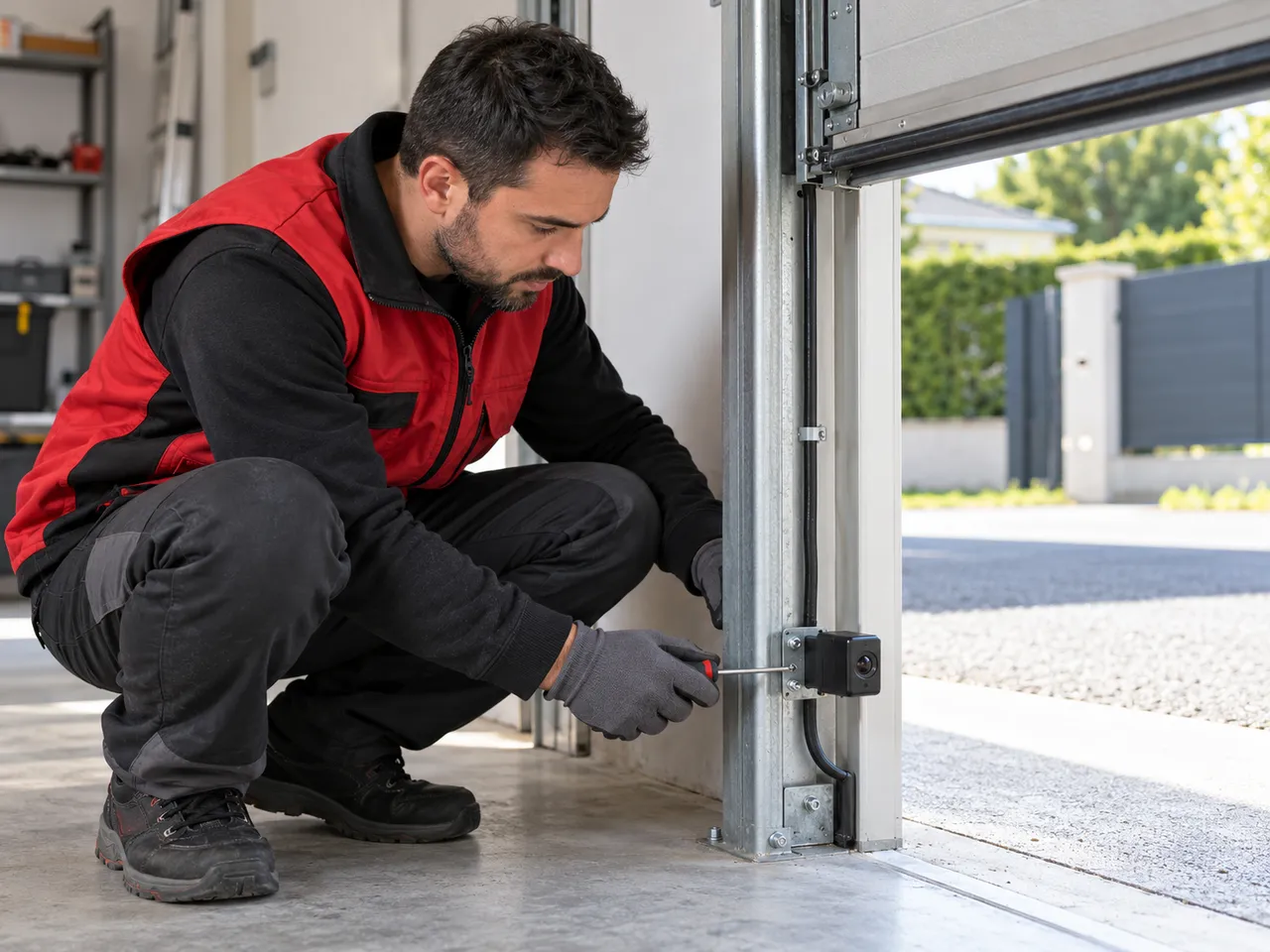 Technicien KparK Répare réglant les cellules de sécurité d'une porte de garage