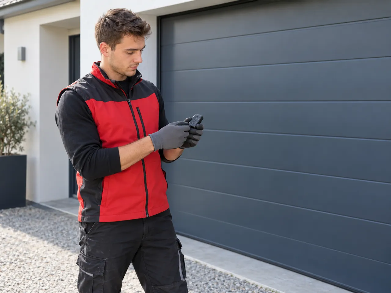Technicien KparK Répare programmant la télécommande d'une porte de garage