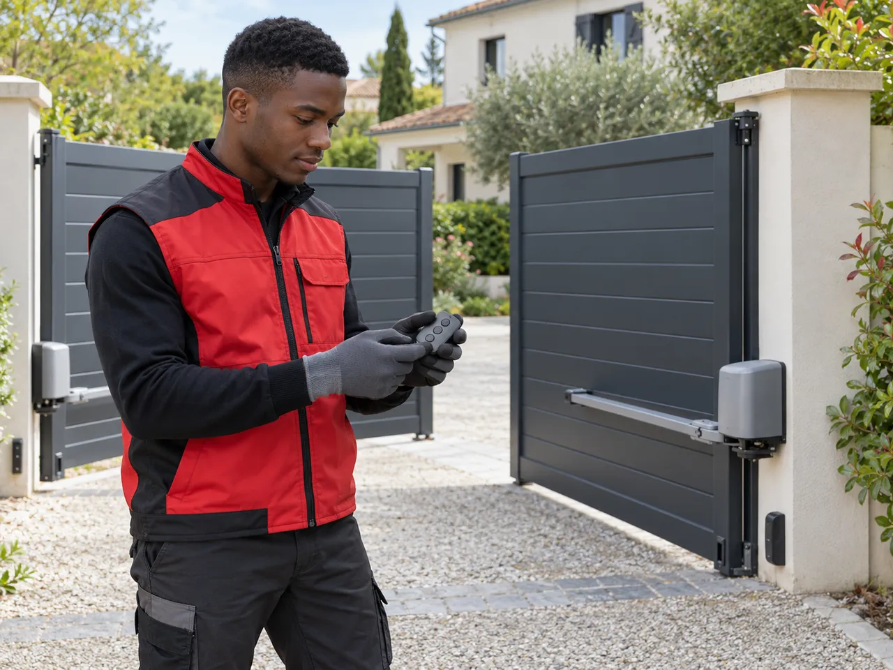 Technicien KparK Répare programmant la télécommande d'un portail