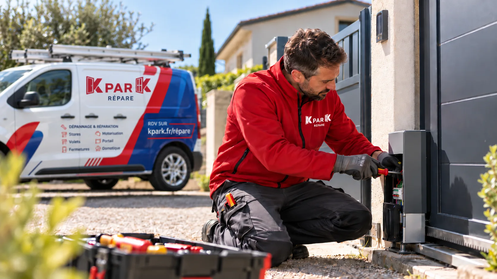 Technicien KparK Répare réparant la motorisation d'un portail, sa camionnette en arrière-plan