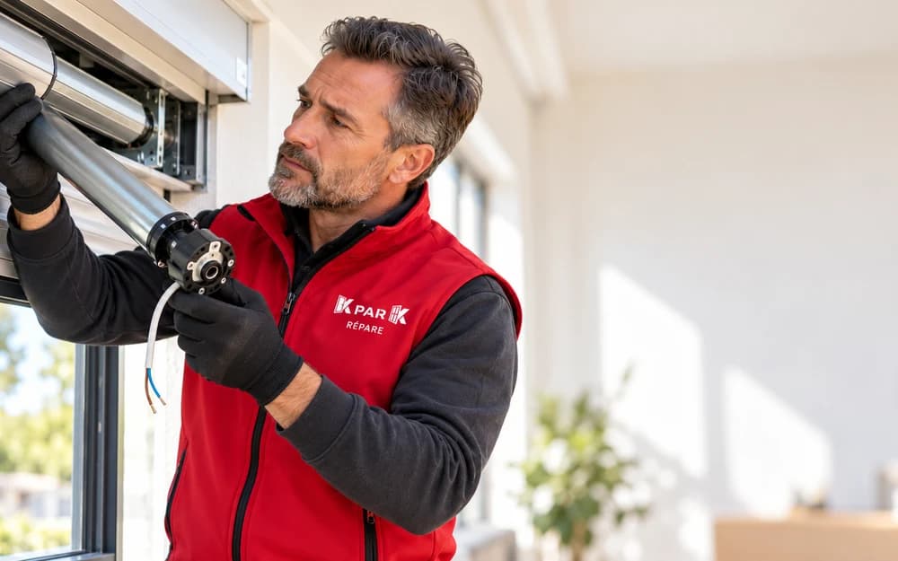 Technicien KparK Répare remplaçant le moteur d'un volet roulant
