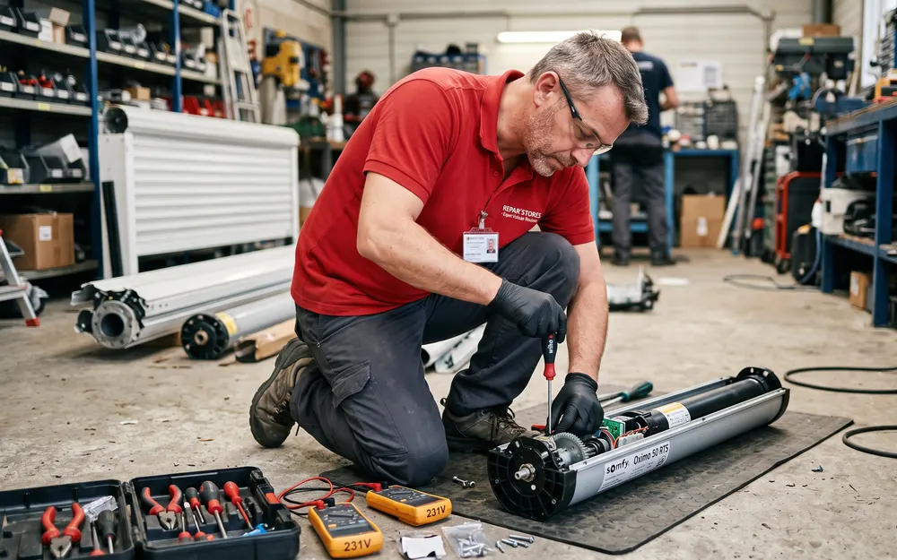 Technicien réparant le mécanisme d'un volet roulant en atelier
