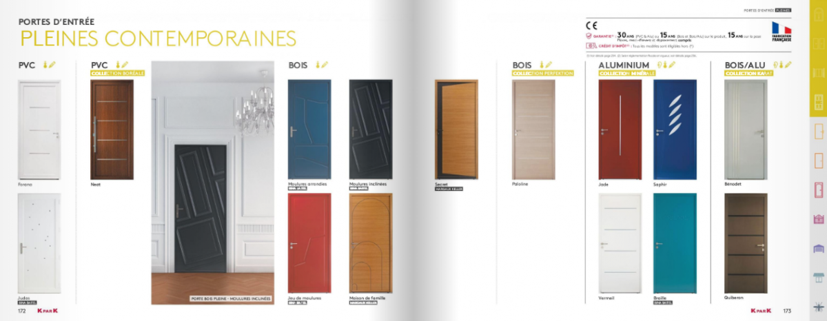 aperçu d'une déclinaison de gamme de portes d'entrée pleines dans le nouveau catalogue KparK
